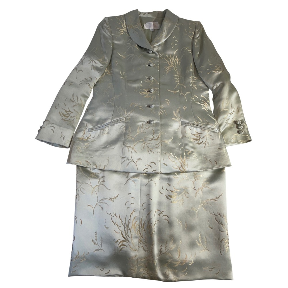 Oscar de la Renta Pink Label Skirt Suit 14 Sage Gold Botanical Jacquard Vintage